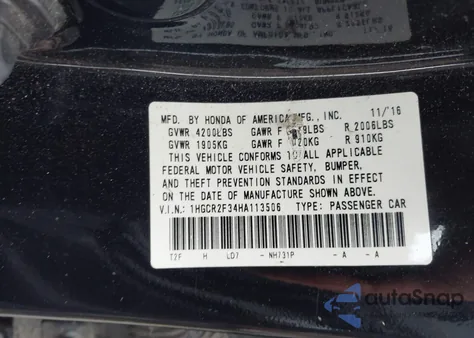 2017 Honda Accord Lx from USA, damaged, VIN 1HGCR2F34HA113506